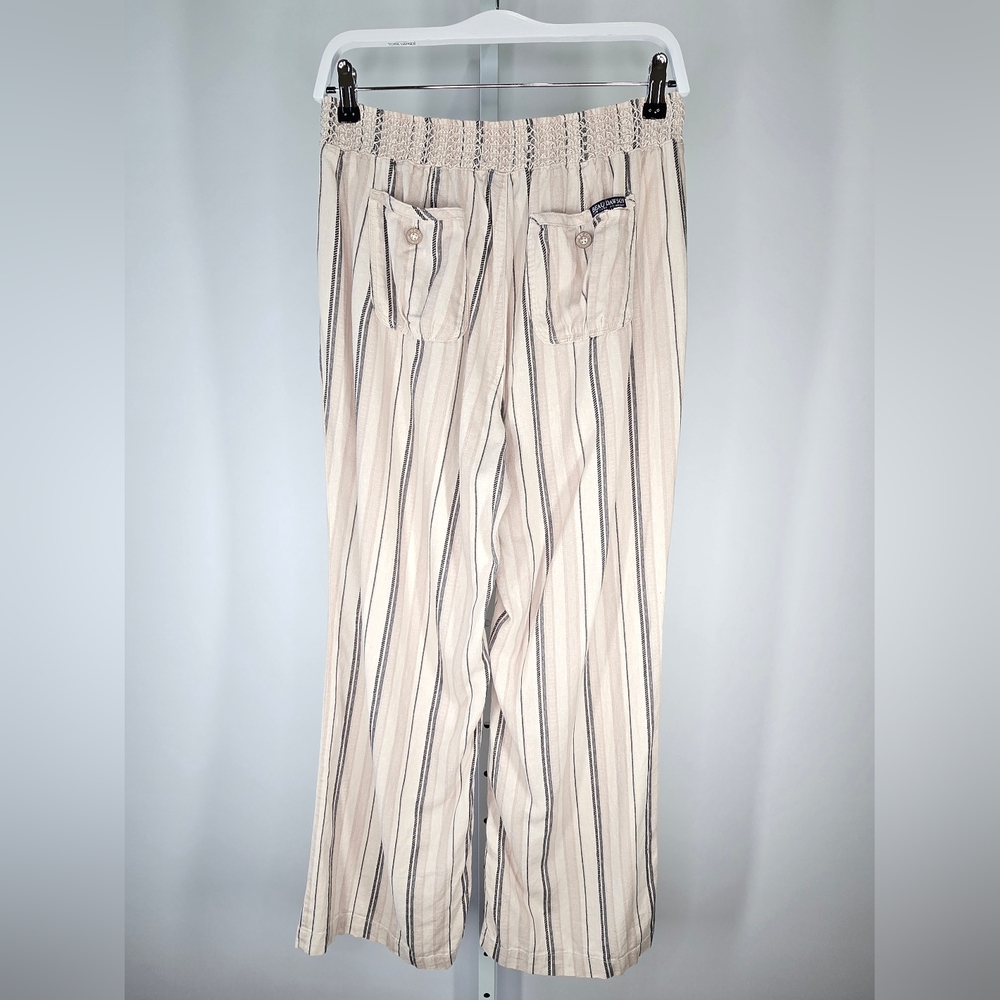 Beau Dawson Linen Blend Striped Smocked Waist Wide Leg Pants Beige/Black Size L - Picture 2 of 6